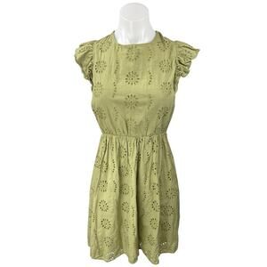 Vero Moda Green Sleeveless Eyelet Flutter Sleeve Crisscross Back A-line Dress L